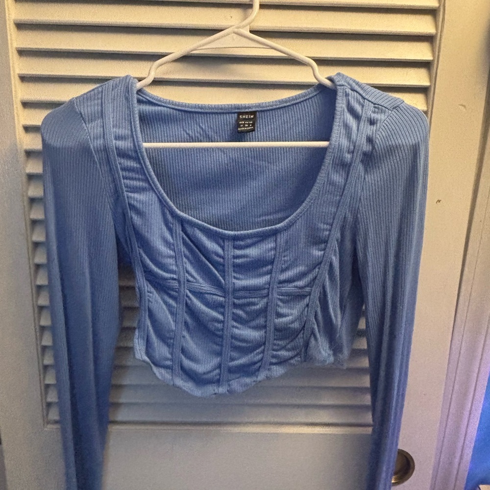SHEIN Light Blue Ribbed Long Sleeve Blouse